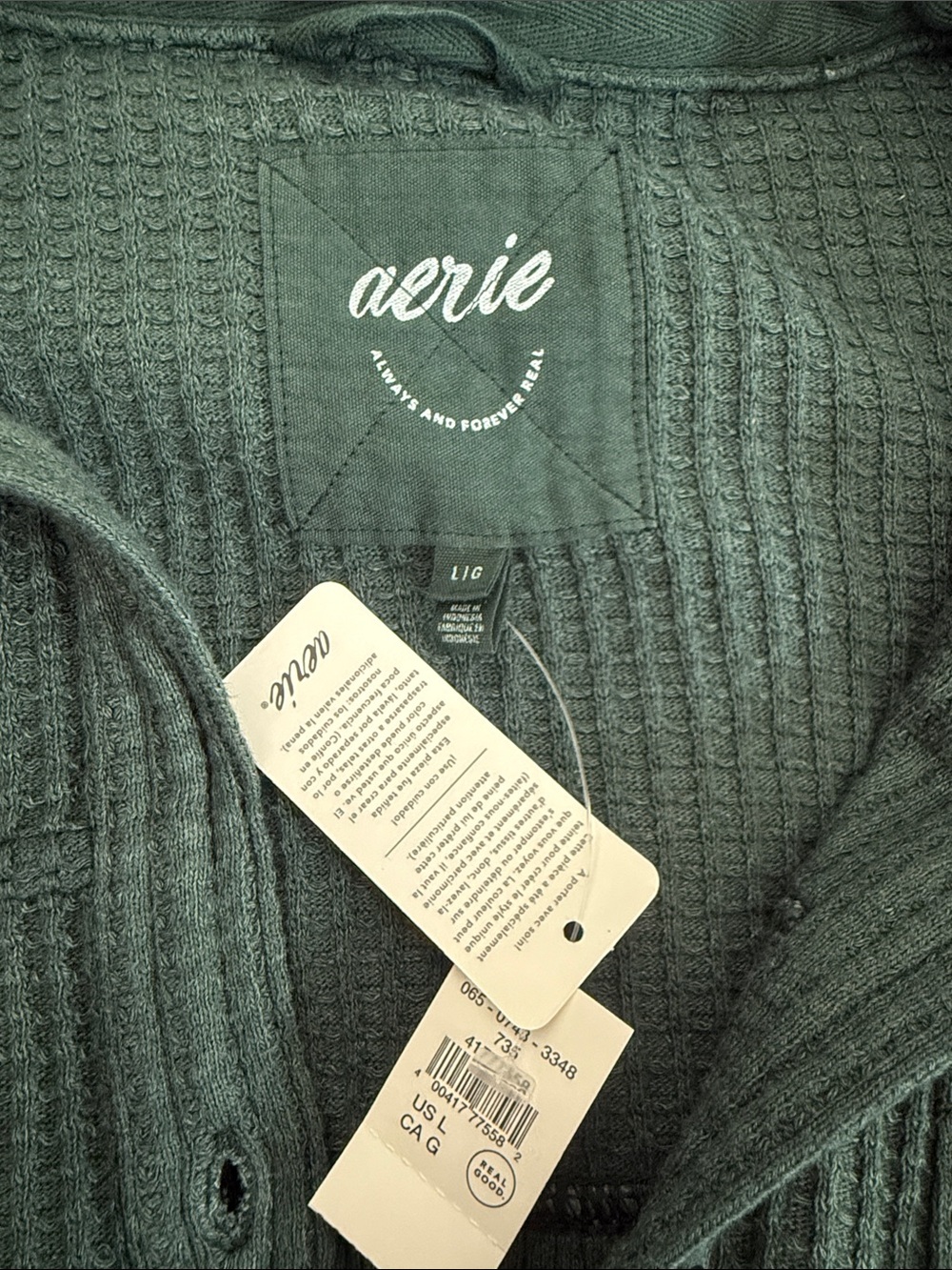 aerie Waffle-Knit Button-Up Shacket in Green - Picture 2 of 3